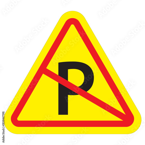 Yellow triangular no parking warning icon, caution road symbol for traffic control, parking restriction signage for urban safety