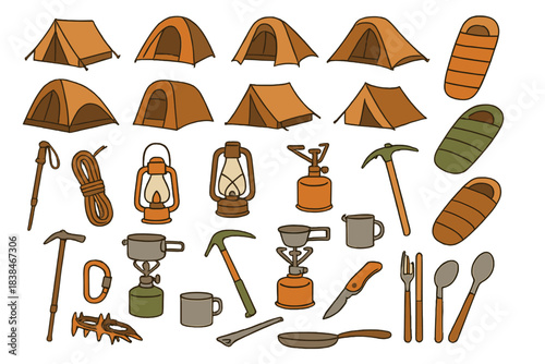 Camping gear and equipment displayed on a flat surface for outdoor adventures and recreational activities