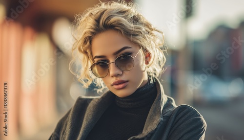 Stylish Young Woman In Shades Strikes A Confident Pose On City Sidewalk, Exuding Effortless Elegance Fit For Contemporary Living.