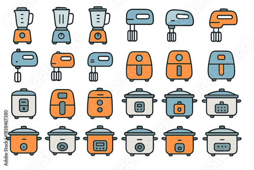 Collection of kitchen appliances in simple design featuring blenders, mixers, toasters, rice cookers, and food processors shown in various colors