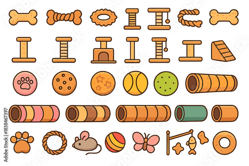 Shapes and objects related to pets and animals shown in a colorful arrangement on a plain background during daytime