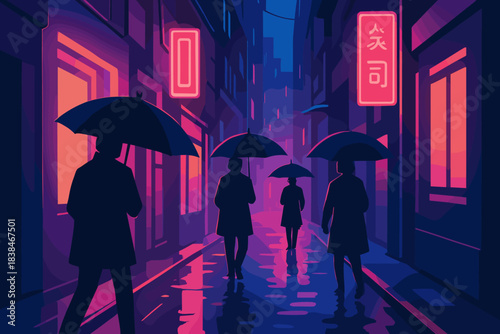 People walk under umbrellas in a neon-lit street during a rainy evening in an urban setting