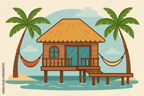 Wooden hut by the water surrounded by palm trees and hammocks during a sunny day