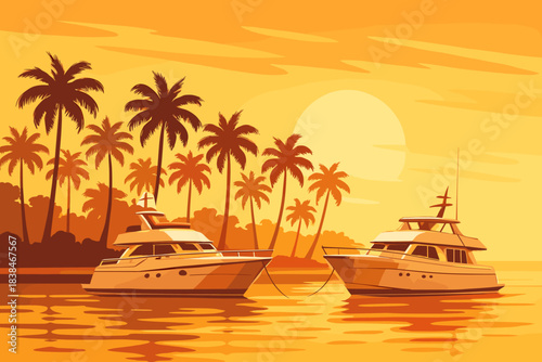 Two boats anchored near palm trees during sunset at a tropical location with warm colors in the sky