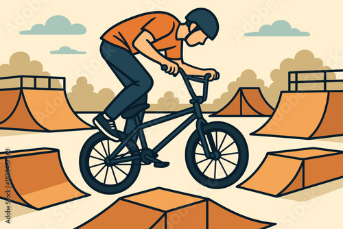 BMX rider performs tricks at a skatepark during the afternoon on a sunny day