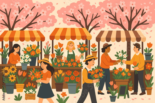 Flower market scene with people buying and selling flowers under trees in spring