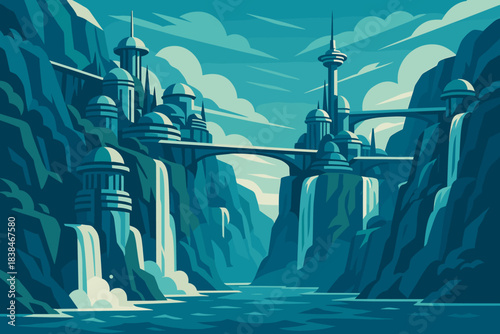 City skyline with waterfalls and bridges in a canyon setting during daytime