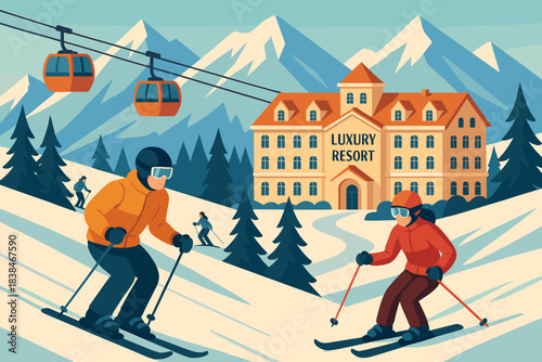 Skiers glide down the slope near a resort with cable cars in a mountain landscape during winter