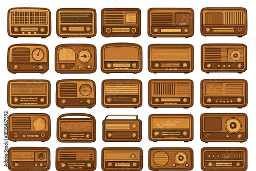 Collection of vintage radio designs displayed on a white background showcasing various shapes and sizes from different decades