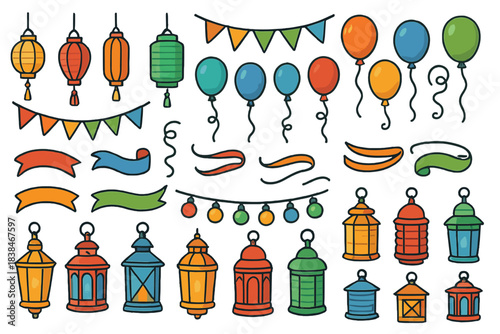 Colorful decorations and party items on a white background ready for celebration events and gatherings throughout the year