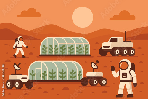 Space settlers work on a farming project in greenhouses on a distant planet under a bright sun