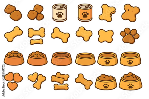 Dog treats and food bowls display with various shapes and designs for pet lovers and dog owners in a playful setting