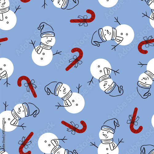 Winter Snowman and Candy canes Vector Seamless Pattern