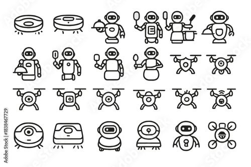 Different types of robots and drones with simple designs in various activities and poses arranged in a grid format