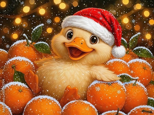 Festive Duckling Amidst Snow-Dusted Oranges and Bokeh Lights
