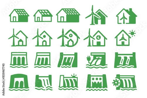 Green energy symbols showing houses, wind turbines, and water resources for sustainable living and renewable energy