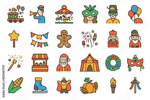 Various icons representing different celebrations and holidays with activities and items displayed in simple designs