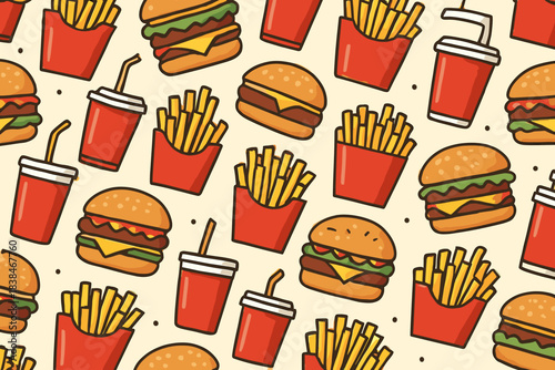 Colorful pattern of burgers, fries, and drinks on a light background represented in a fun style