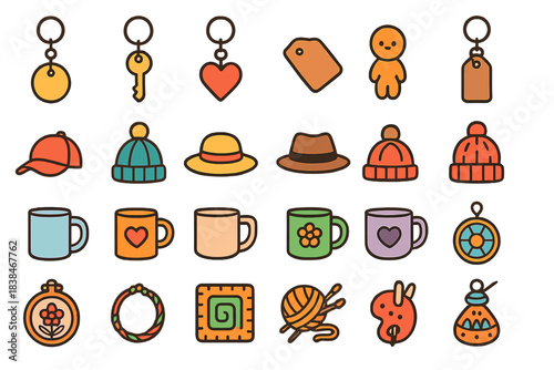 Display of various small items including keychains, hats, mugs, and crafts arranged in a grid pattern on a light background