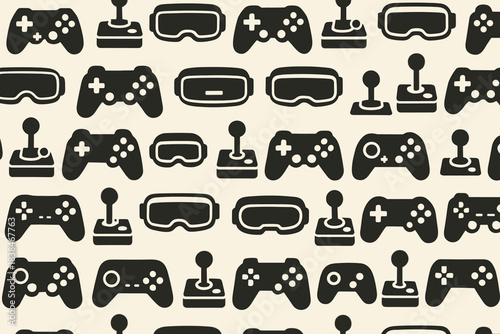 Many gaming controllers and virtual reality headsets in black on a light background fill the space in a simple layout