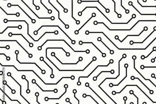 Intricate circuit board design with connected pathways and dots showing electronic connections
