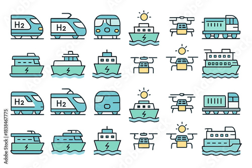Different types of vehicles using clean energy methods for transportation on land and water