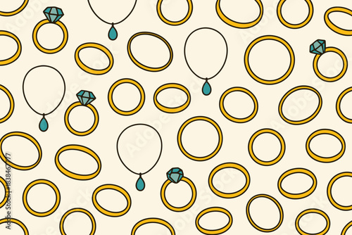 Patterns of rings and necklaces with diamonds and colored stones against a light background in a simple design format