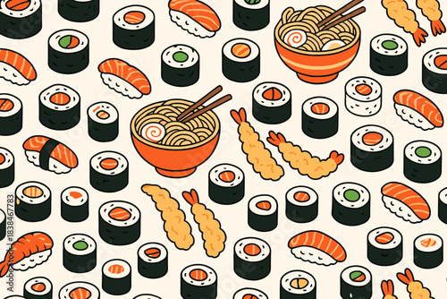 Colorful pattern of various sushi and noodles arranged on a light background created for a fun food-themed design project