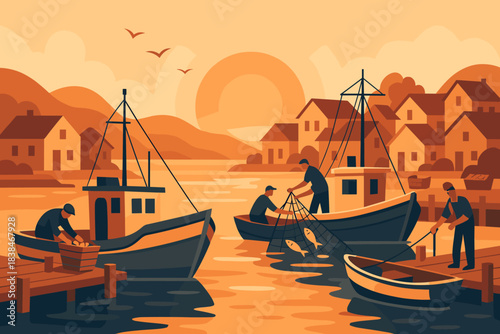Fishing boats and fishermen work on a river at sunset near a quiet village with houses and mountains in sight