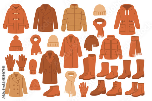 Collection of fall and winter clothing items including jackets, scarves, hats, and gloves in warm colors arranged in a flat lay style