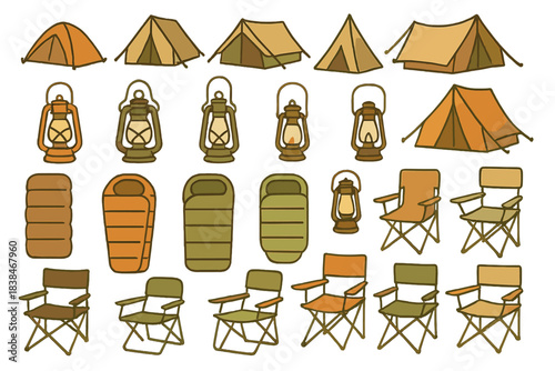 Camping gear including tents, lanterns, sleeping bags, and chairs for outdoor adventures in nature settings