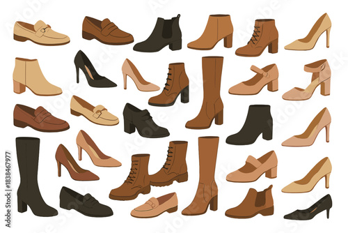 Collection of various types of shoes arranged in a pattern on a flat surface with a neutral background
