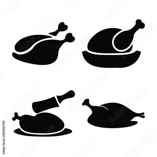 Whole roasted chicken and turkey dinner food silhouette set