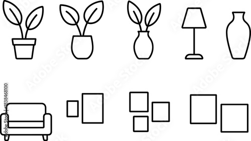 Home decor and interior elements icon set. Furniture, plants, frames, lamp, shelves outline symbols