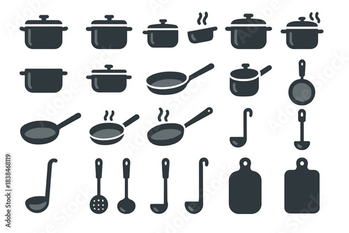 Collection of kitchen pots, pans, and utensils arranged in a neat pattern for cooking and meal preparation