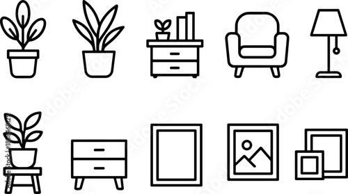 Home decor and interior elements icon set. Furniture, plants, frames, lamp, shelves outline symbols