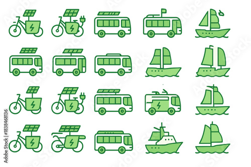 Different forms of green transportation including bicycles, buses, and boats