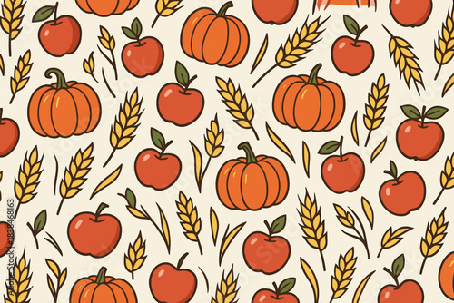Colorful pattern with pumpkins and apples in a harvest scene set against a light background