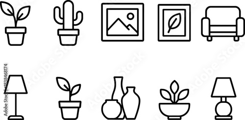 Home decor and interior elements icon set. Furniture, plants, frames, lamp, shelves outline symbols