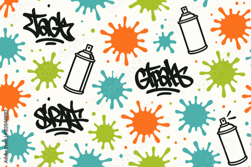 Bright colors and spray cans fill the background with graffiti art in a creative design for urban culture enthusiasts
