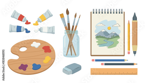 Art studio supplies set flat vector illustration featuring paint and drawing tools