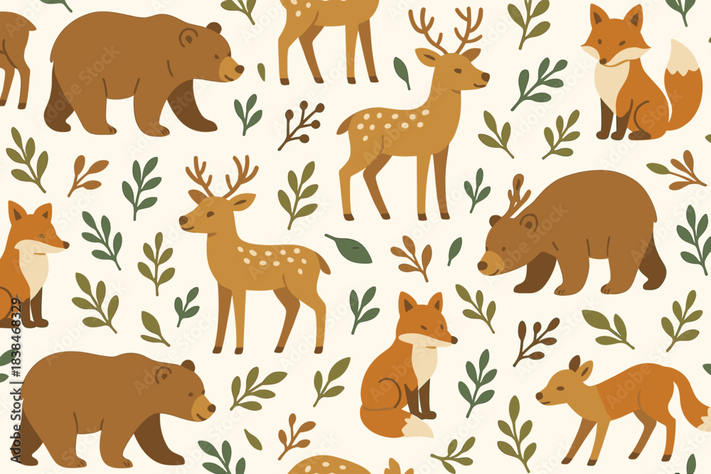 Obraz premium Animals in a forest pattern with deer, bears, and foxes surrounded by plants and leaves