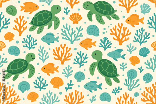 Sea turtles swim among fish and coral in a colorful underwater scene, highlighting marine life and ocean life elements