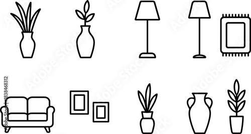 Home decor and interior elements icon set. Furniture, plants, frames, lamp, shelves outline symbols