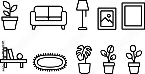 Home decor and interior elements icon set. Furniture, plants, frames, lamp, shelves outline symbols