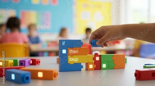 Childs Hand Arranging Colorful Educational Coding Blocks With Glowing