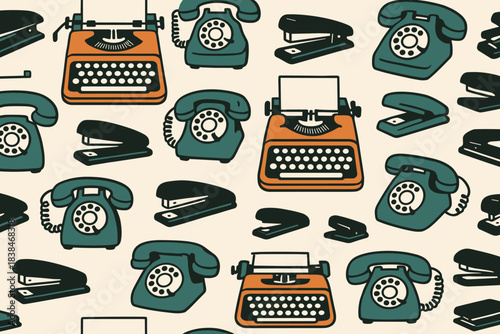 Vintage office items create a retro pattern with typewriters and telephones on a light background