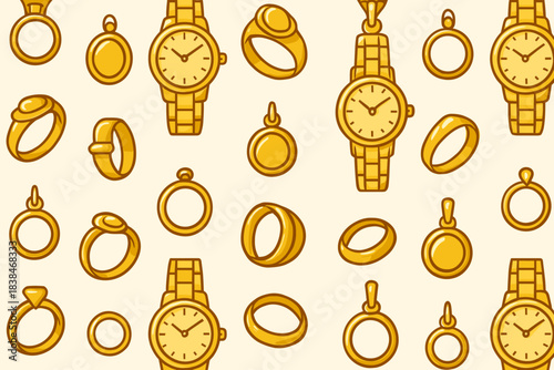 Various gold jewelry items including watches and rings in a repeated pattern design