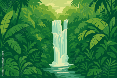 Waterfall flows in a dense forest with green foliage and bright surroundings during a sunny day in a tropical region