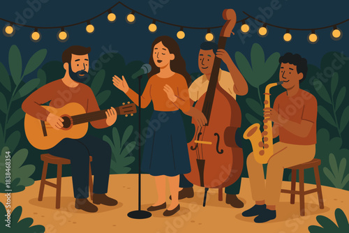 Musicians perform together at outdoor music event in the garden during evening hours